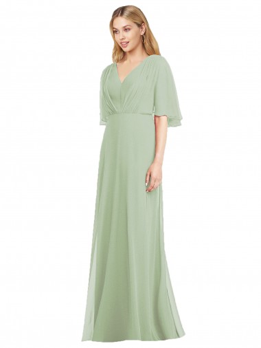 Cheap Full Length Lux Chiffon Flutter Sleeves Bridesmaid Dress