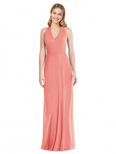 Cheap V-Neck Halter Chiffon Maxi Bridesmaid Dress Open Back