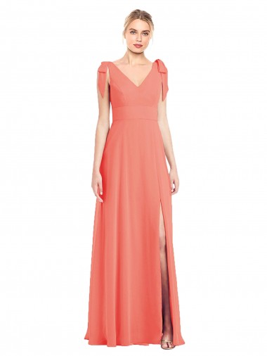 Cheap Full Length Bow-Shoulder V-Back Chiffon Bridesmaid Dress with Front Slit