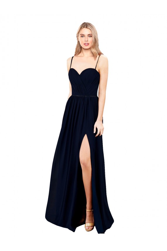 Draped A-Line Chiffon Bridesmaid Dress with Spaghetti Straps and High Slit