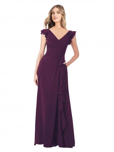 Cheap Ruffle Cap Sleeves Long Chiffon Bridesmaid Dress