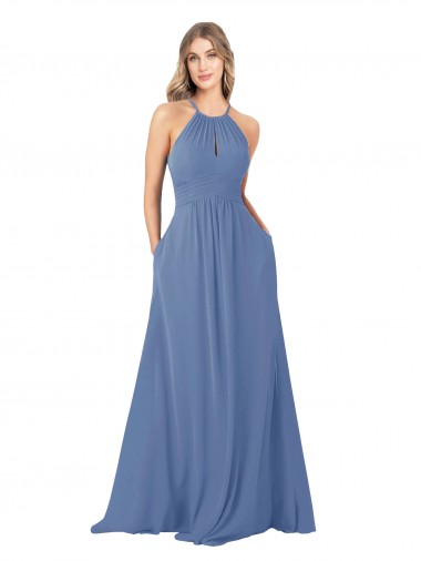 Cheap Draped High Neck Keyhole Back Bridesmaid Dress with Front Slit