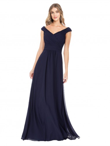 Cheap Off the Shoulder Classic Chiffon Bridesmaid Dress with Draped Bodice