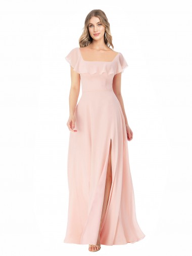 Cheap Flutter Cap Sleeves Square Neck Ruffle Chiffon Bridesmaid Dress