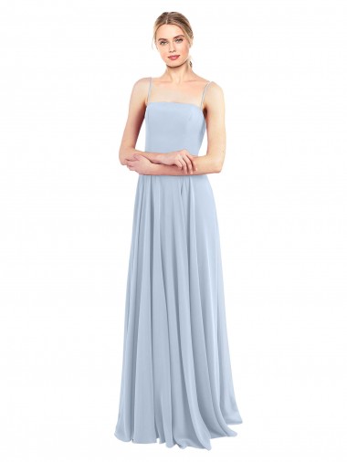 Cheap Luxe Chiffon Straight Neckline Long Chiffon Bridesmaid Dress with Skinny Straps