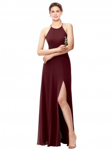 Cheap Slim Long High Halter Neck Chiffon Bridesmaid Dress with High Side Slit