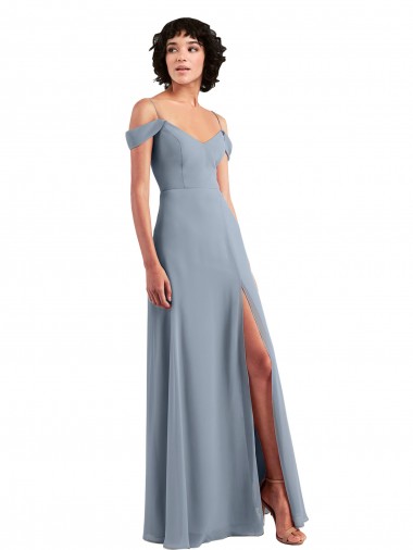 Cheap Off the Shoulder Folded Sleeve Long Chiffon Bridesmaid Dress with High Side Slit