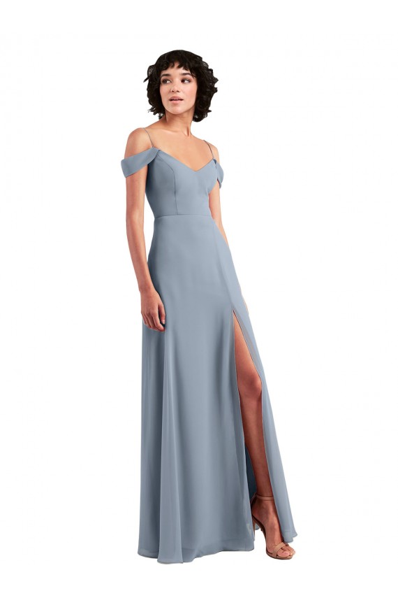 Off the Shoulder Folded Sleeve Long Chiffon Bridesmaid Dress with High Side Slit