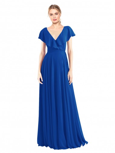 Cheap V-Neck A-Line Flutter Sleeves Long Chiffon Wrap Style Bridesmaid Dress