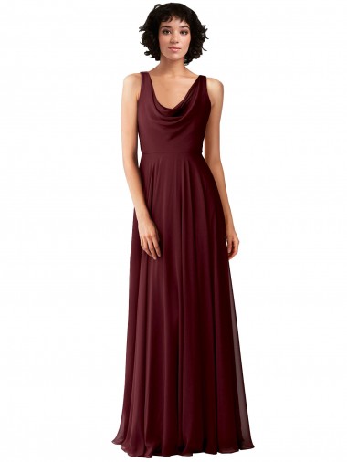 Cheap Draped Cowl Neck Long Chiffon Bridesmaid Dress with Wide Straps