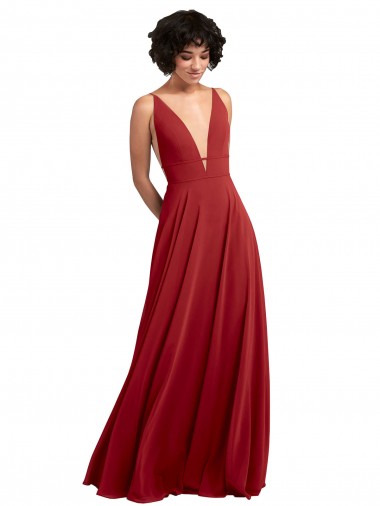 Cheap Fitted Plunging Deep V-Neck Long Chiffon Bridesmaid Dress with V-Back