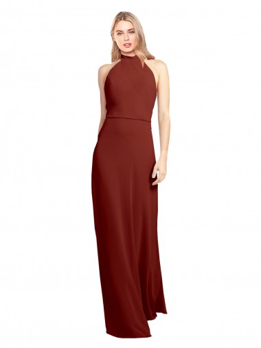Cheap Slim High Neck Halter Fitted Open Back Chiffon Bridesmaid Dress