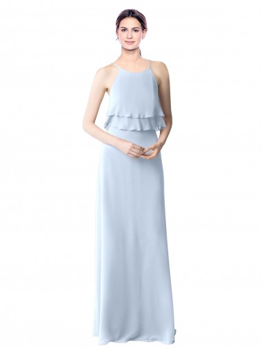 Cheap High Narrow Neck Long Chiffon Bridesmaid Dress with Tiered Ruffles
