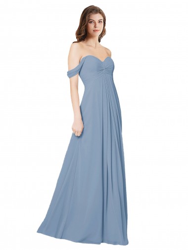 Cheap Empire Waist Off the Shoulder Chiffon Bridesmaid Dress with Sweetheart Bodice