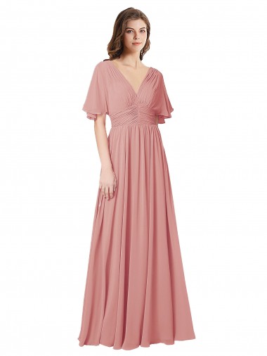 Cheap Flutter Sleeves Plunging V-Neck Boho Chiffon Bridesmaid Dress