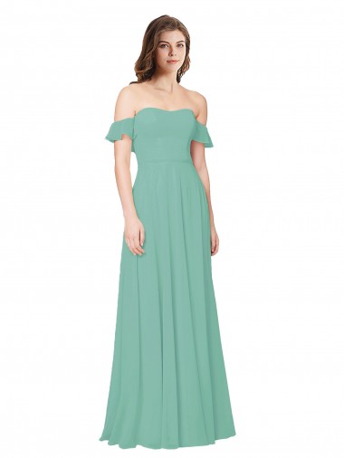 Cheap Flounce Sleeves Off the Shoulder Long Chiffon Bridesmaid Dress