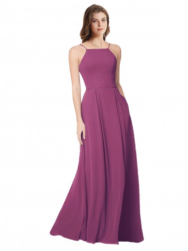 Cheap Halter Neck Long Pleated Chiffon Bridesmaid Dress with Pockets