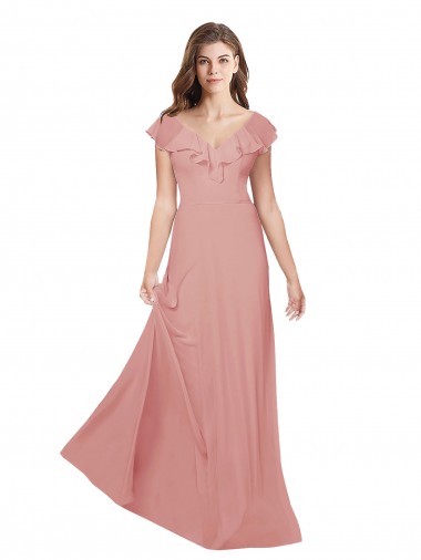 Cheap Flounced V Neckline Flutter Sleeves Chiffon Bridesmaid Dress