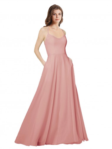 Cheap Open Back Wide Tie Band Long Chiffon Bridesmaid Dress with Pockets