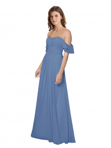 Cheap Flutter Sleeves Scoop Neck Off the Shoulder Long Chiffon Bridesmaid Dress