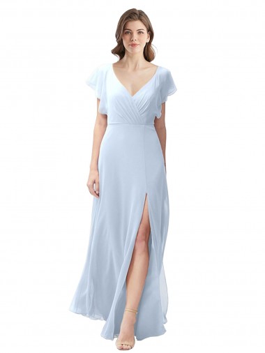Cheap Flutter Sleeves Long Chiffon Bridesmaid Dress with Daring Open Back and Side Slit