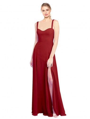 Cheap Sweetheart Neckline Long Chiffon Bridesmaid Dress with Side Slit and Wide Straps
