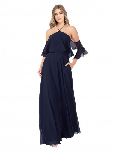 Cheap Halter Neck Cold Shoulder Flutter Sleeves Bridesmaid Dress