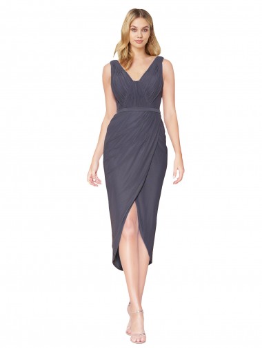 Cheap High Low V-Neck Chiffon Mermaid Wrap Bridesmaid Dress