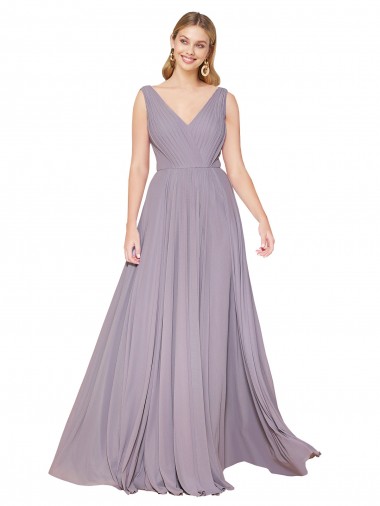 Cheap Draped Floor Length High Neck V-Back Chiffon Bridesmaid Dress with Shirred Bodice