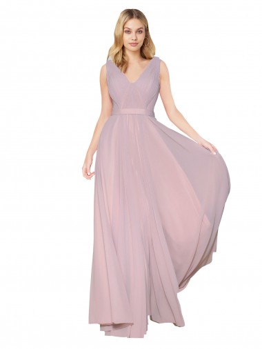 Cheap Draped V-Neck Long Chiffon Bridesmaid Dress with Shirred Bodice