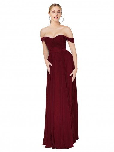 Cheap Shirred Sweetheat Neckline Off the Shoulder Long Chiffon Bridesmaid Dress