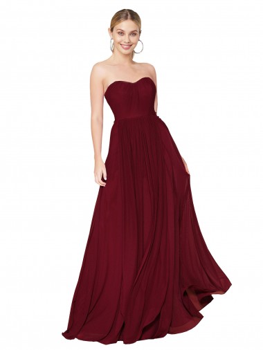 Cheap Draped Strapless Long A-Line Chiffon Bridesmaid Dress