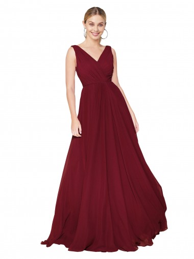 Cheap Draped A-Line V-Neck Floor Length Chiffon Bridesmaid Dress