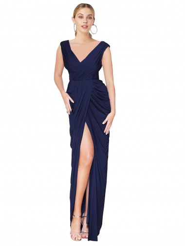 Cheap Draped V-Neck Long Chiffon Bridesmaid Dress with Front Slit