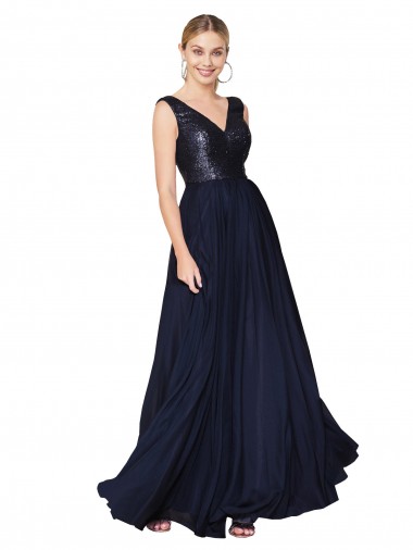 Cheap High Neck V-Neck Long Chiffon Bridesmaid Dress with Sequin Top