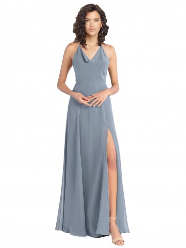 Cheap Slim A-Line Cowl Neck Long Chiffon Bridesmaid Dress with Side High Slit