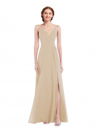 Cheap Faux Wrap Criss Cross Back Maxi Bridesmaid Dress with Front Slit