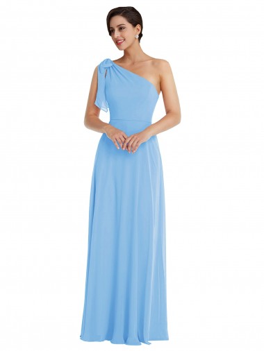 Cheap Draped One Shoulder Maxi Bridesmaid Dress with Scarf Bow