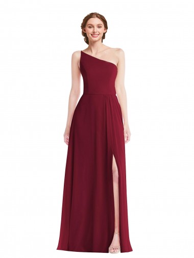 Cheap One Shoulder Chiffon Maxi Bridesmaid Dress with Shirred Front Slit