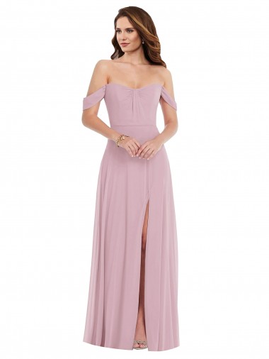 Cheap Off the Shoulder Draped Sleeve Maxi Bridesmaid Dress with Front Slit