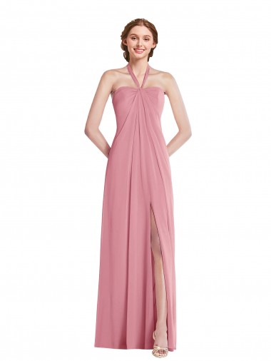Cheap Draped Chiffon Grecian Column Bridesmaid Dress with Front Slit