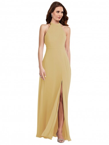 Cheap Stand Collar Halter Maxi Bridesmaid Dress with Criss Cross Open Back