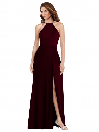 Cheap Halter Spaghetti Straps Maxi Bridesmaid Dress with Front Slit