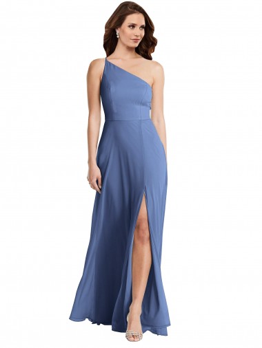 Cheap One Shoulder Full Length Maxi Bridesmaid Dress with Flirty Slit