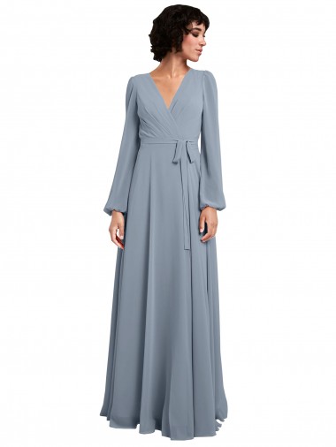 Cheap Wrap Style Long Sleeves Chiffon Bridesmaid Dress with Pleated Bodice