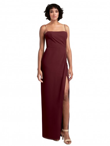 Cheap Sleek Straight Neckline Chiffon Bridesmaid Dress with Spaghetti Straps and High Side Slit