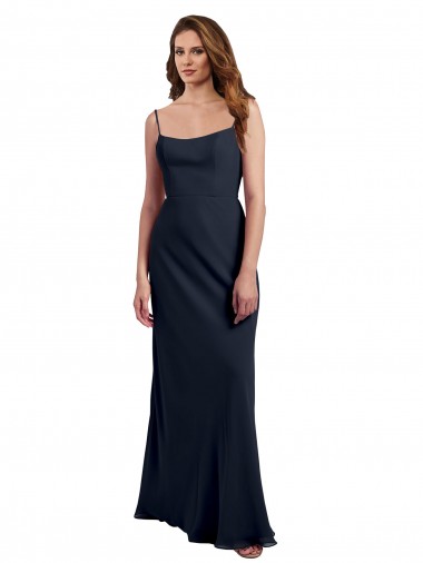 Cheap Scoop Neck Long Chiffon Open Back Bridesmaid Dress with Spaghetti Straps