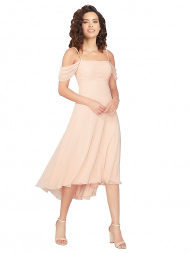 Cheap Cold Shoulder Midi Length Short Chiffon Bridesmaid Dress