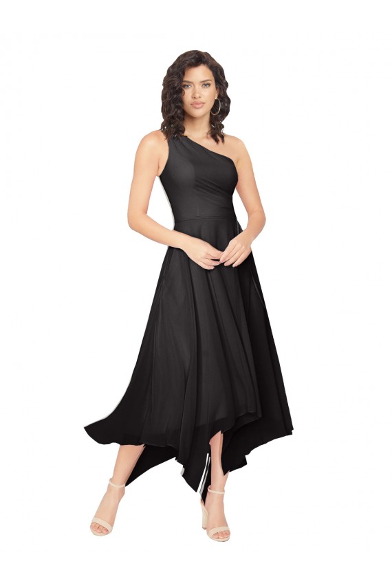 Midi Length One Shoulder Chiffon Bridesmaid Dress