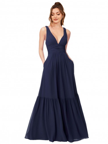 Cheap Floor Length Deep V-Neck Ruched Chiffon Long Bridesmaid Dress